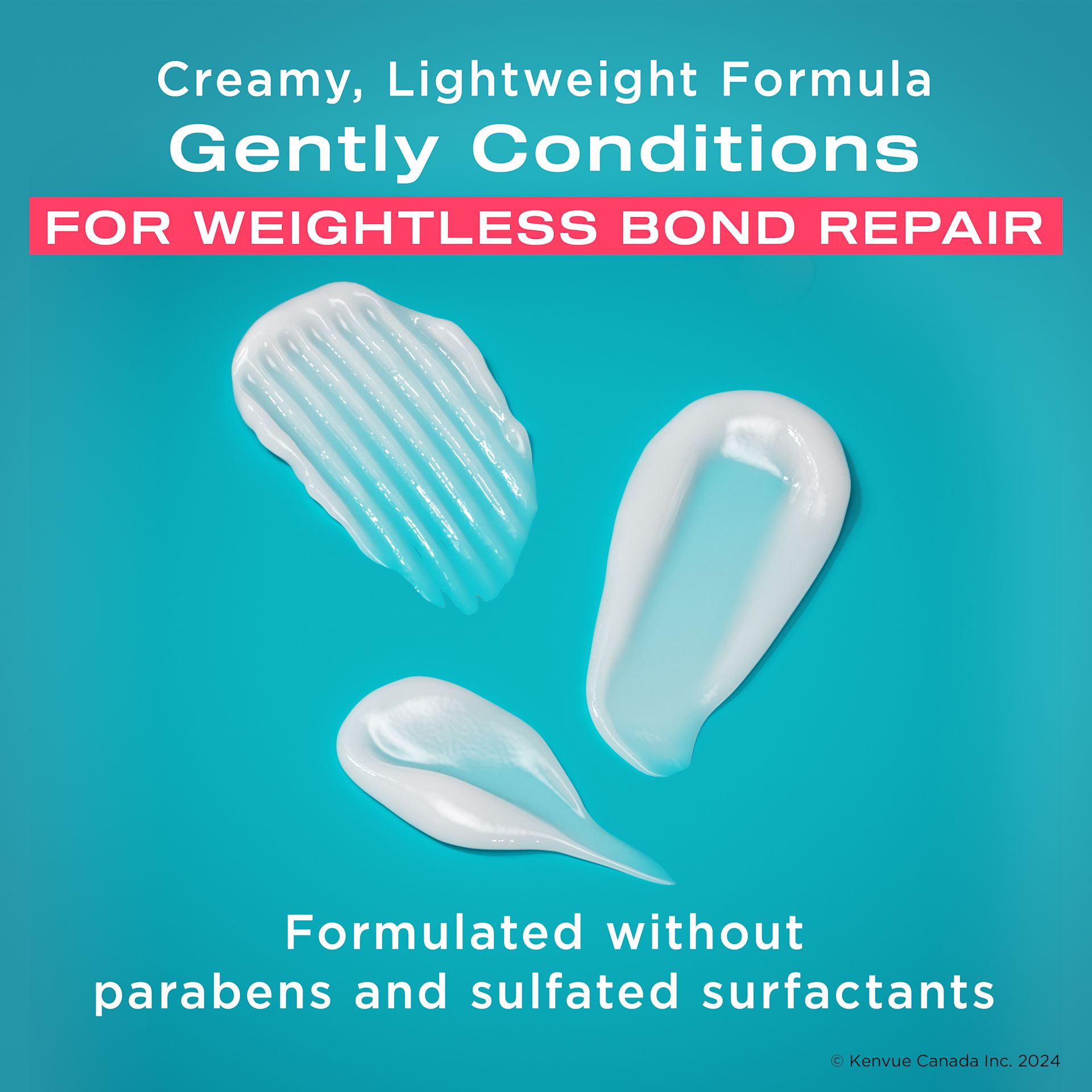 Three OGX® Bond Protein Repair Conditioner product smears on a blue background