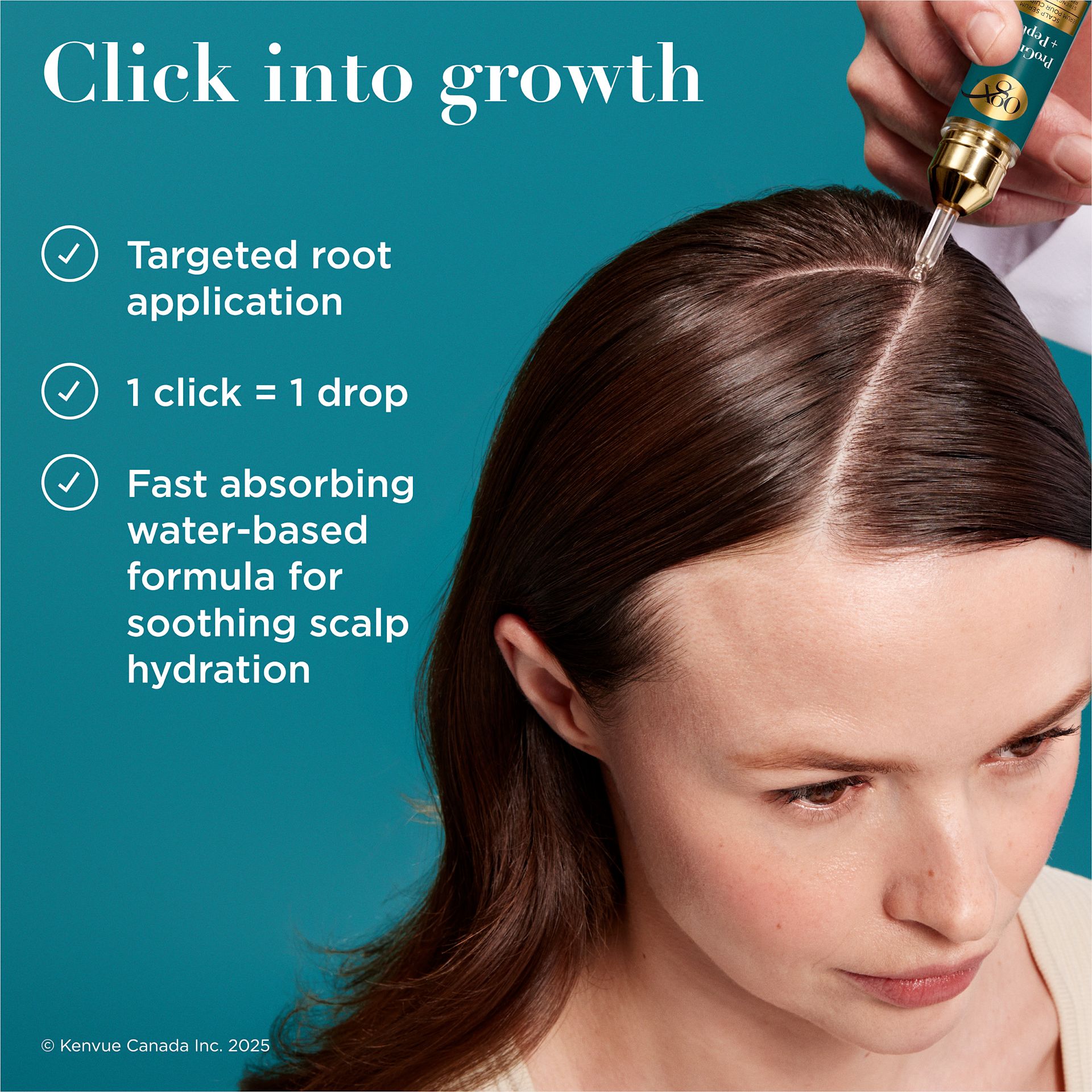 Enhanced digital image of OGX® ProGrowth + Peptide Scalp Serum 10mL bottle next to its packaging