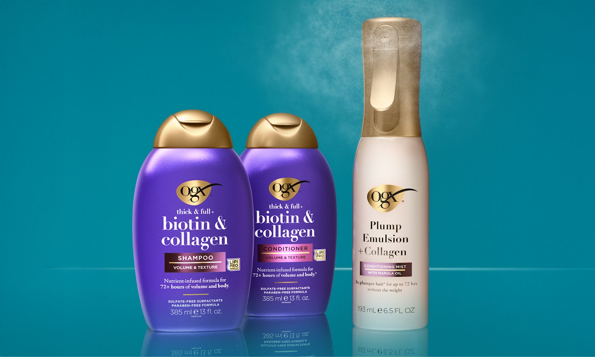 The plump routine for fine to medium hair: 1 cleanse with biotin & collagen shampoo, 2 condition with biotin & collagen conditioner, 3 treat and style with Smooth Emulsion + Collagen Conditioning Mist