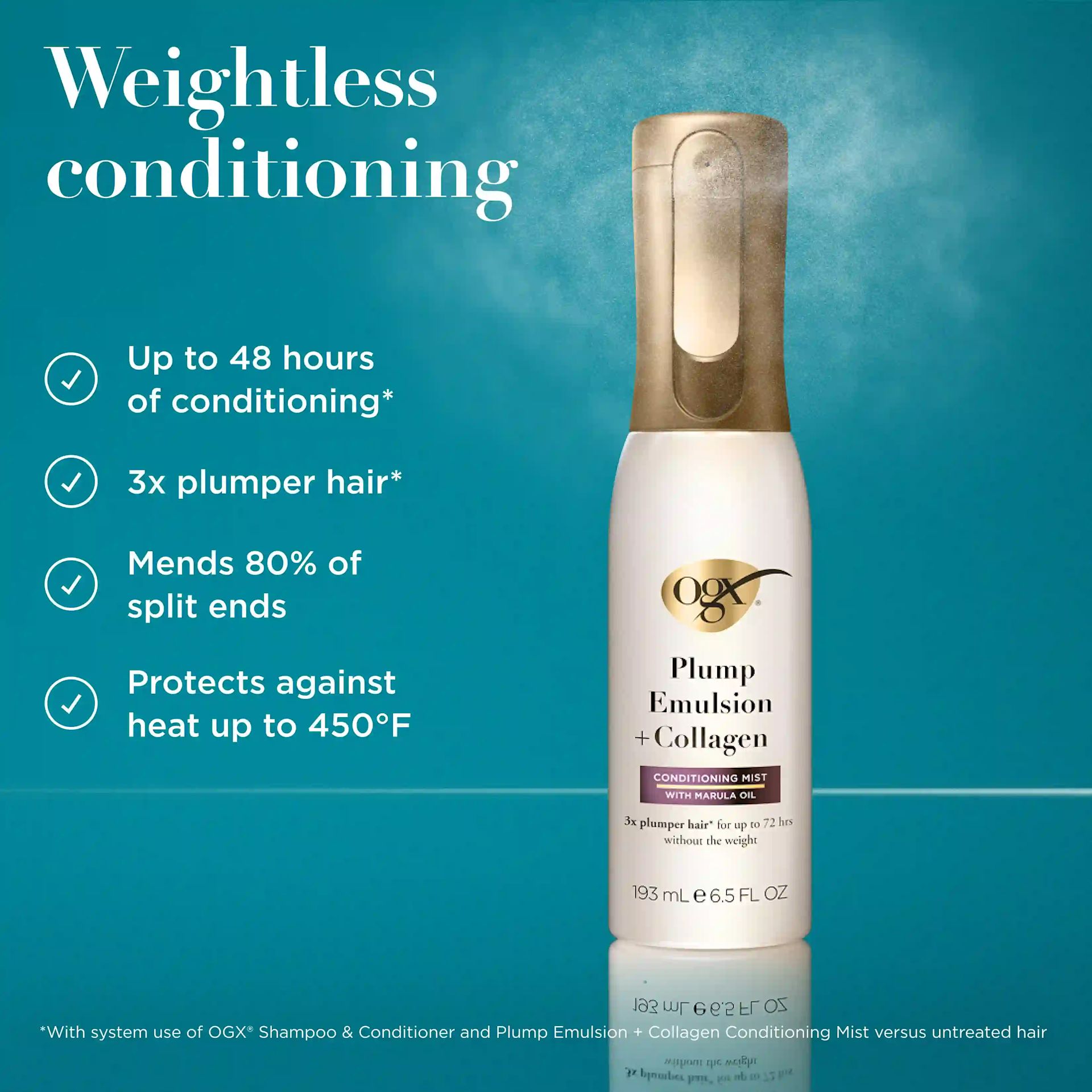 Weightless conditioning. up to 48 hours of conditioning, mends 80% of split ends, 3x plumper hair, protects against heat up to 450°F
