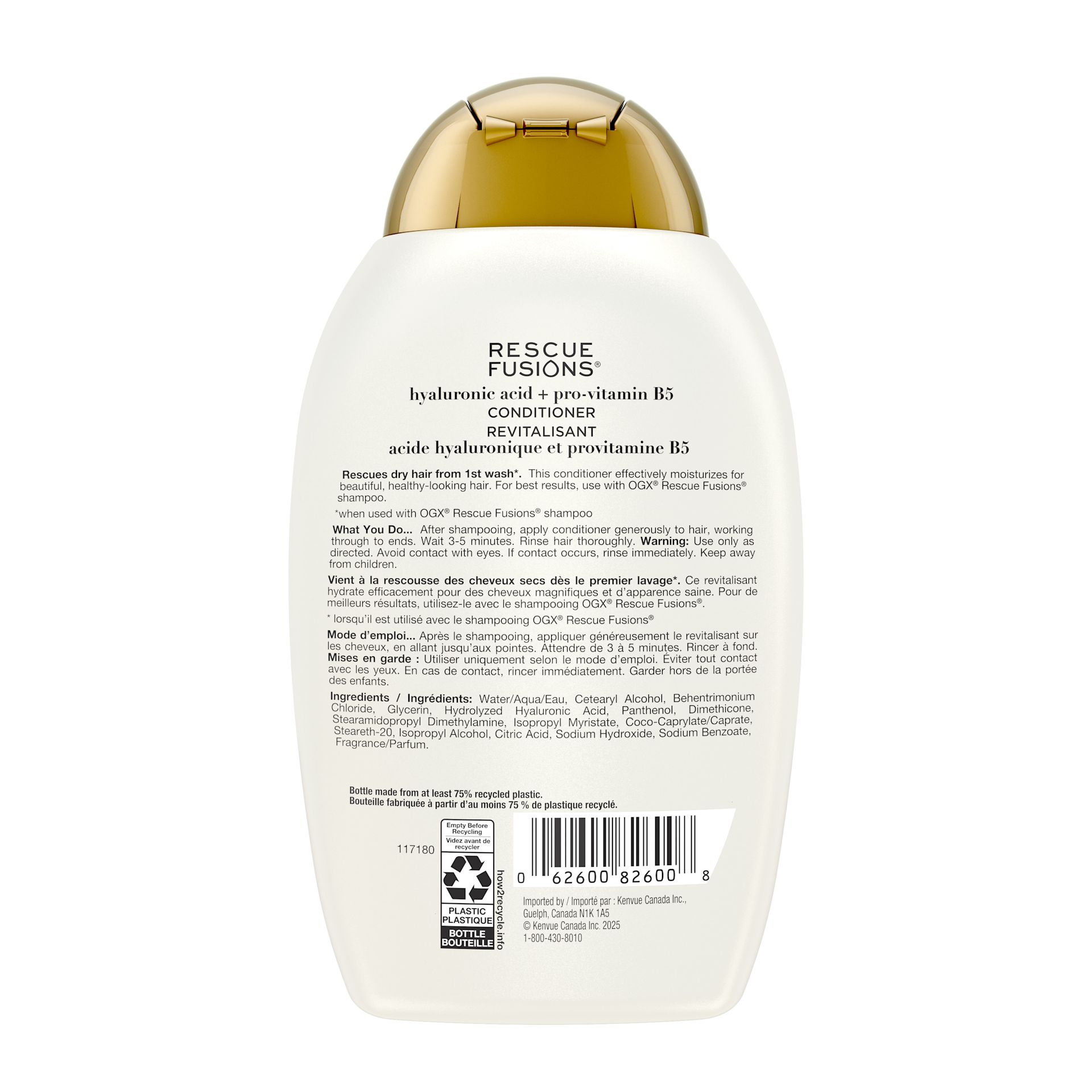 Back shot of Front shot of OGX® Rescue Fusions® Hyaluronic Acid + Pro-Vitamin B5 Conditioner 385mL​ bottle