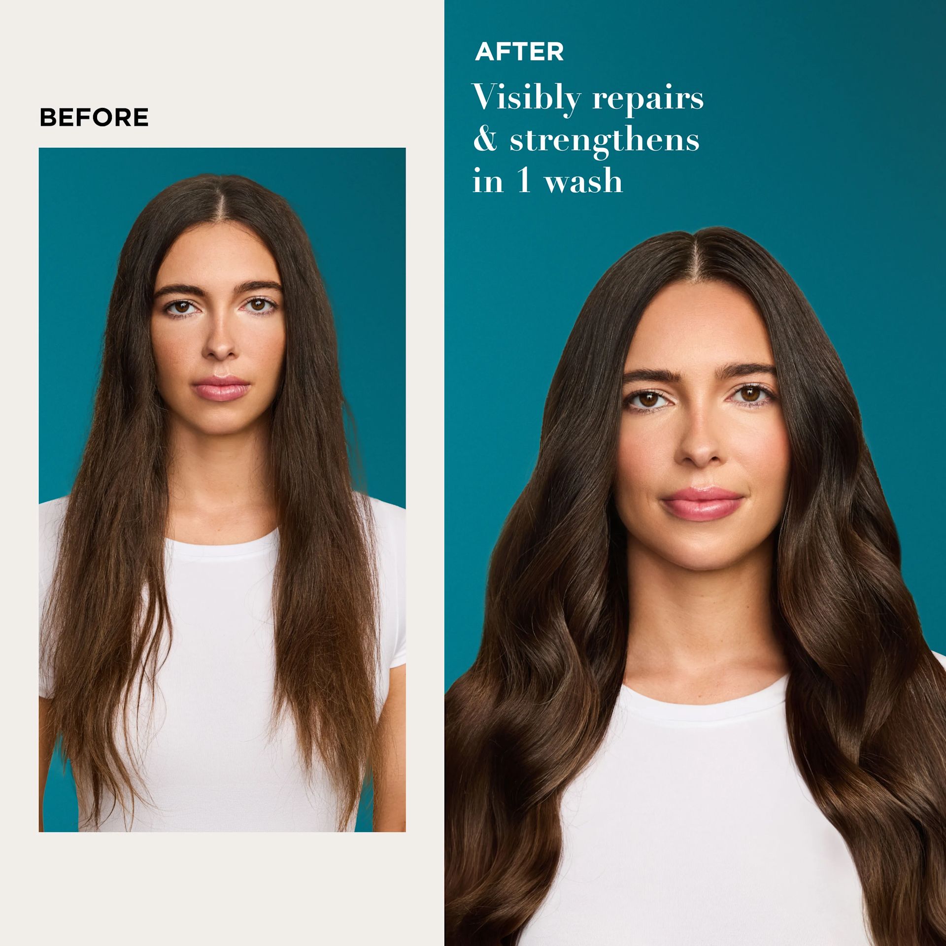 Before and After image displaying woman that used Argan Oil of Morocco product which visibly repair and strengthens in 1 wash