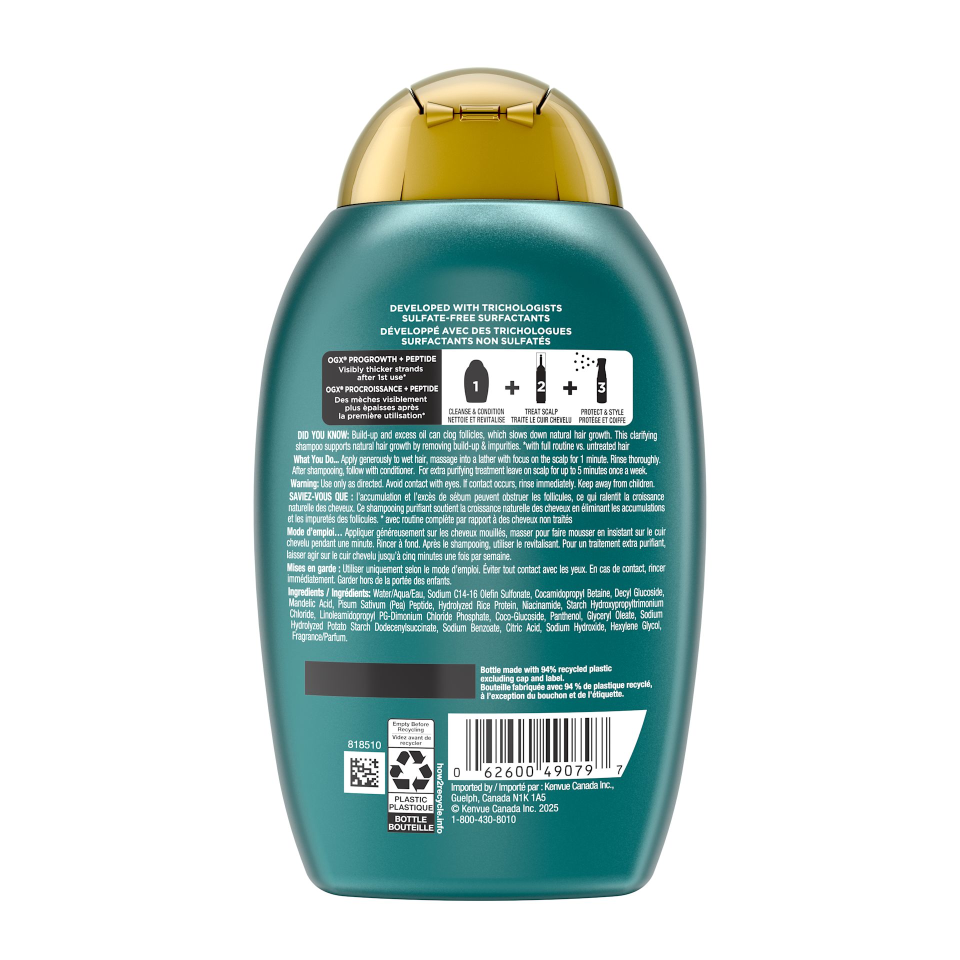 Photo de l’arrière du shampooing purifiant OGX® ProGrowth + Peptide, flacon de 385 ml. 