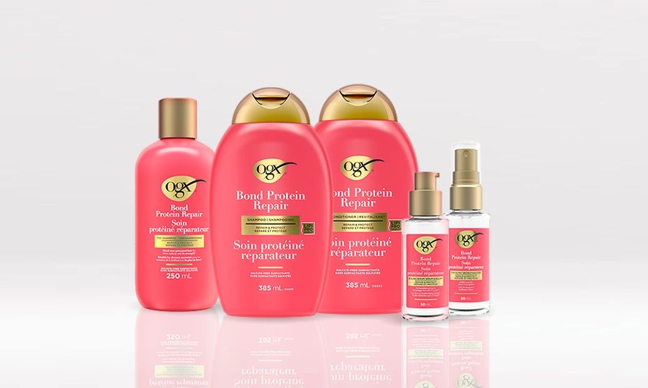 A banner displaying five Repair & Protect Bond Protein Repair hair products
