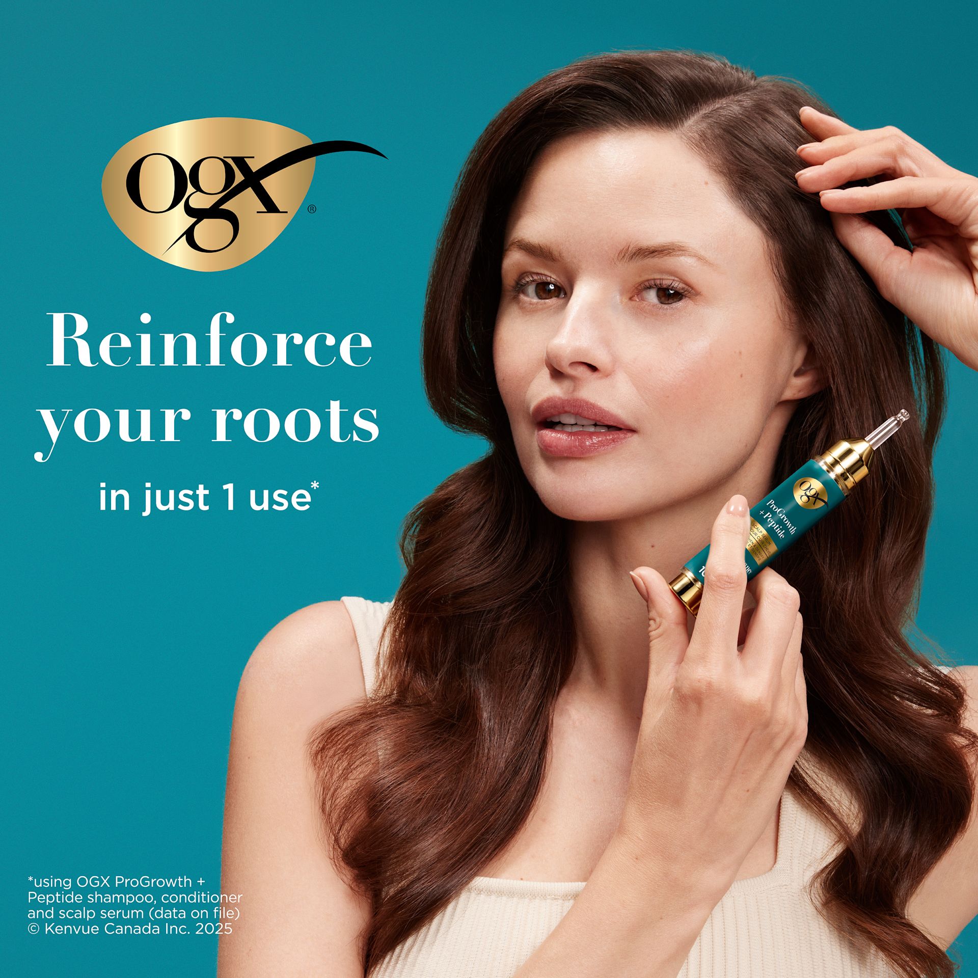 Enhanced digital image of OGX® ProGrowth + Peptide Scalp Serum 10mL bottle next to its packaging