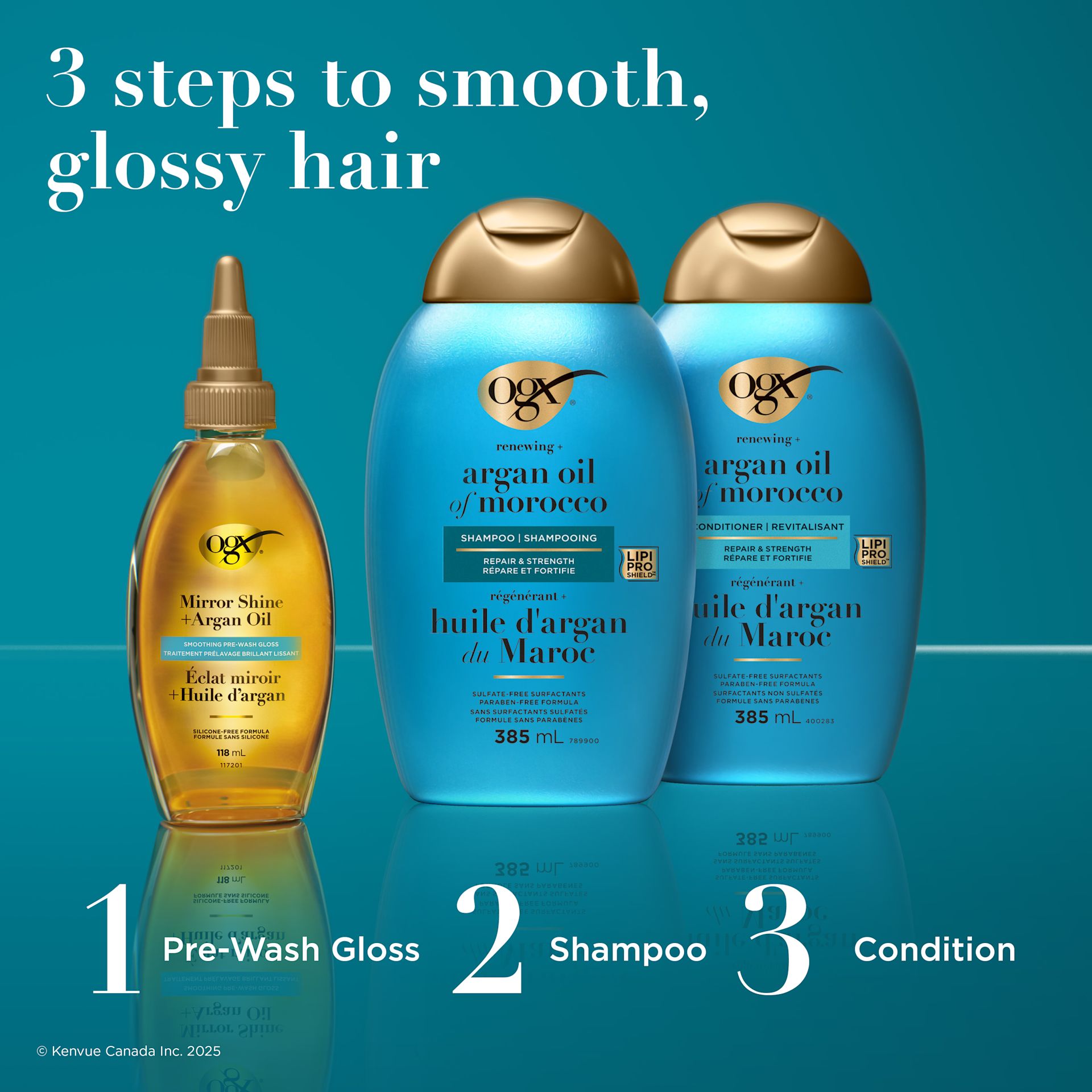 Image numérique améliorée du lustre capillaire prélavage Mirror Shine à l’huile d’argan OGX®, 118 ml