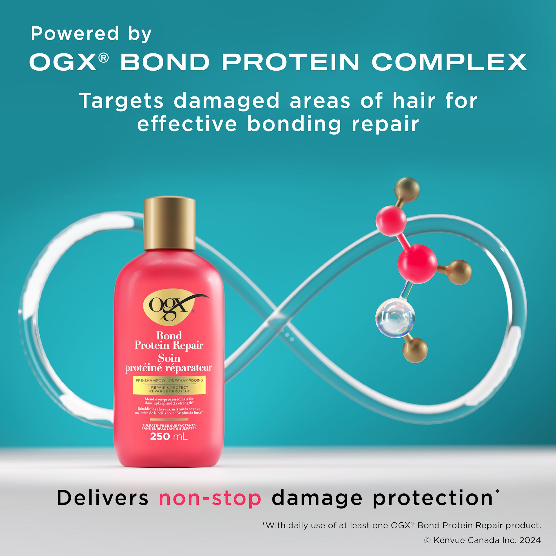Front shot of OGX® Bond Protein Repair Pre-shampoo, 250 mL and illustration of molecules and infinity shaped tube at the background