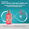 Front shot of OGX® Bond Protein Repair Pre-shampoo, 250 mL and illustration of molecules and infinity shaped tube at the background