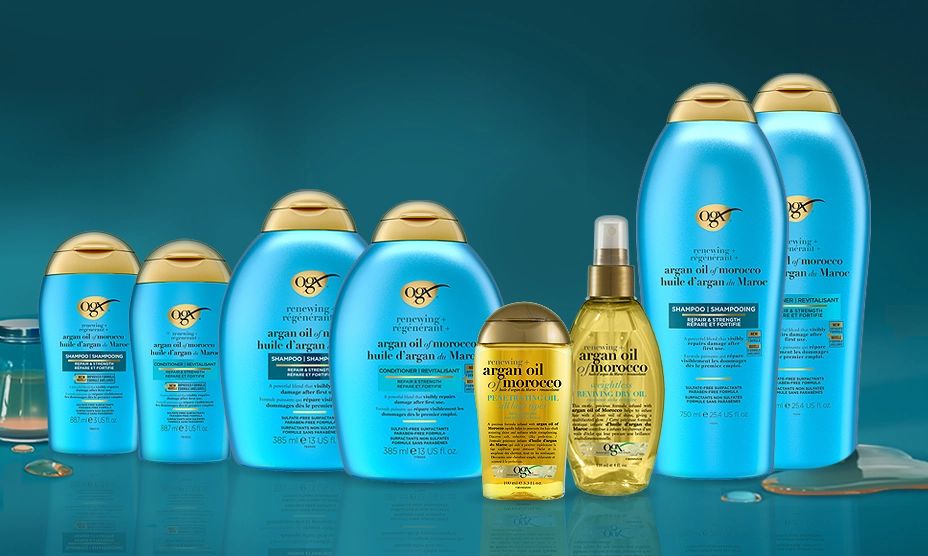 Une bannière présentant huit produits de la gamme à l’huile d’argan du Maroc d’OGX® Canada