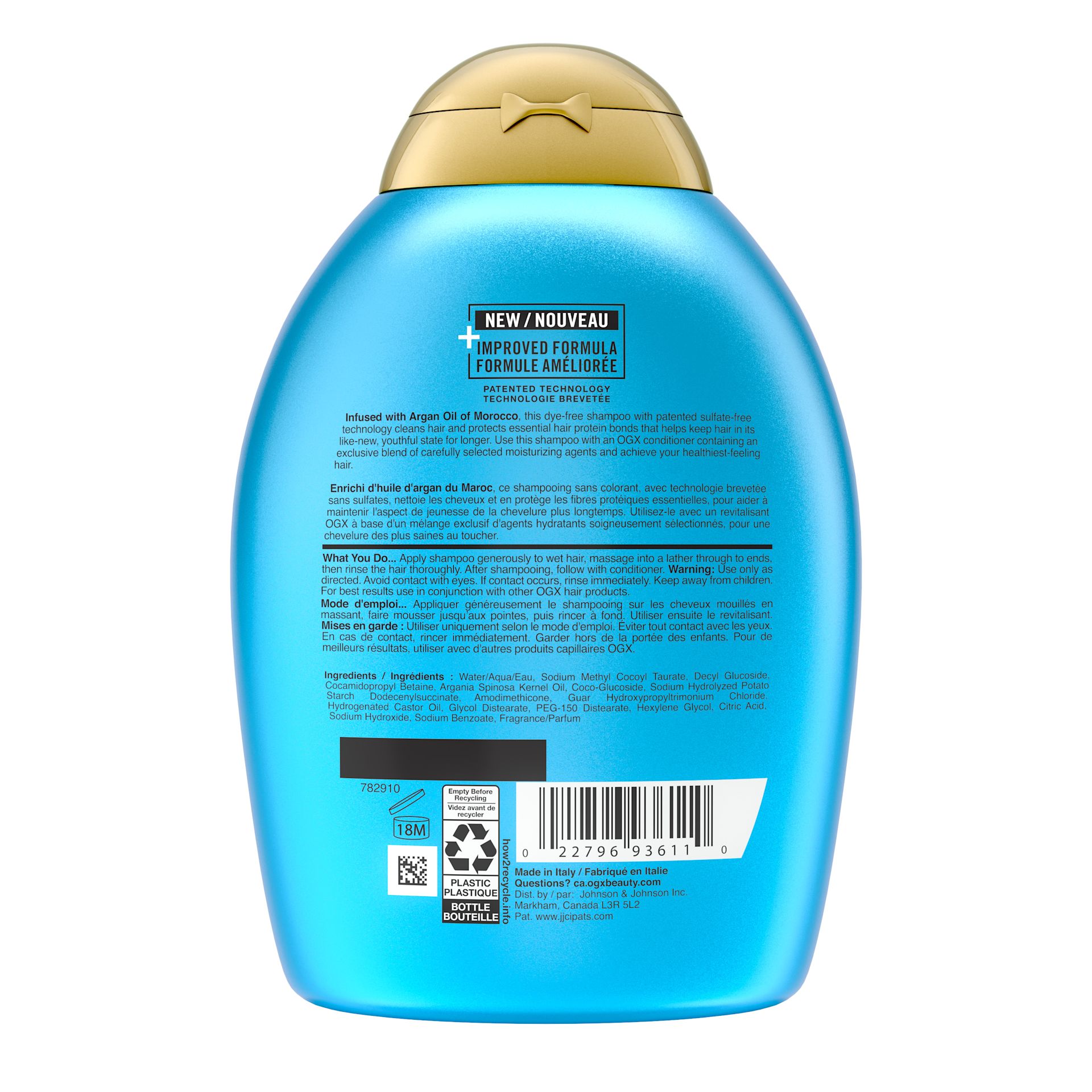 Back shot of OGX® Renewing+ Argan Oil of Morocco Shampoo, 385 mL squeeze bottle