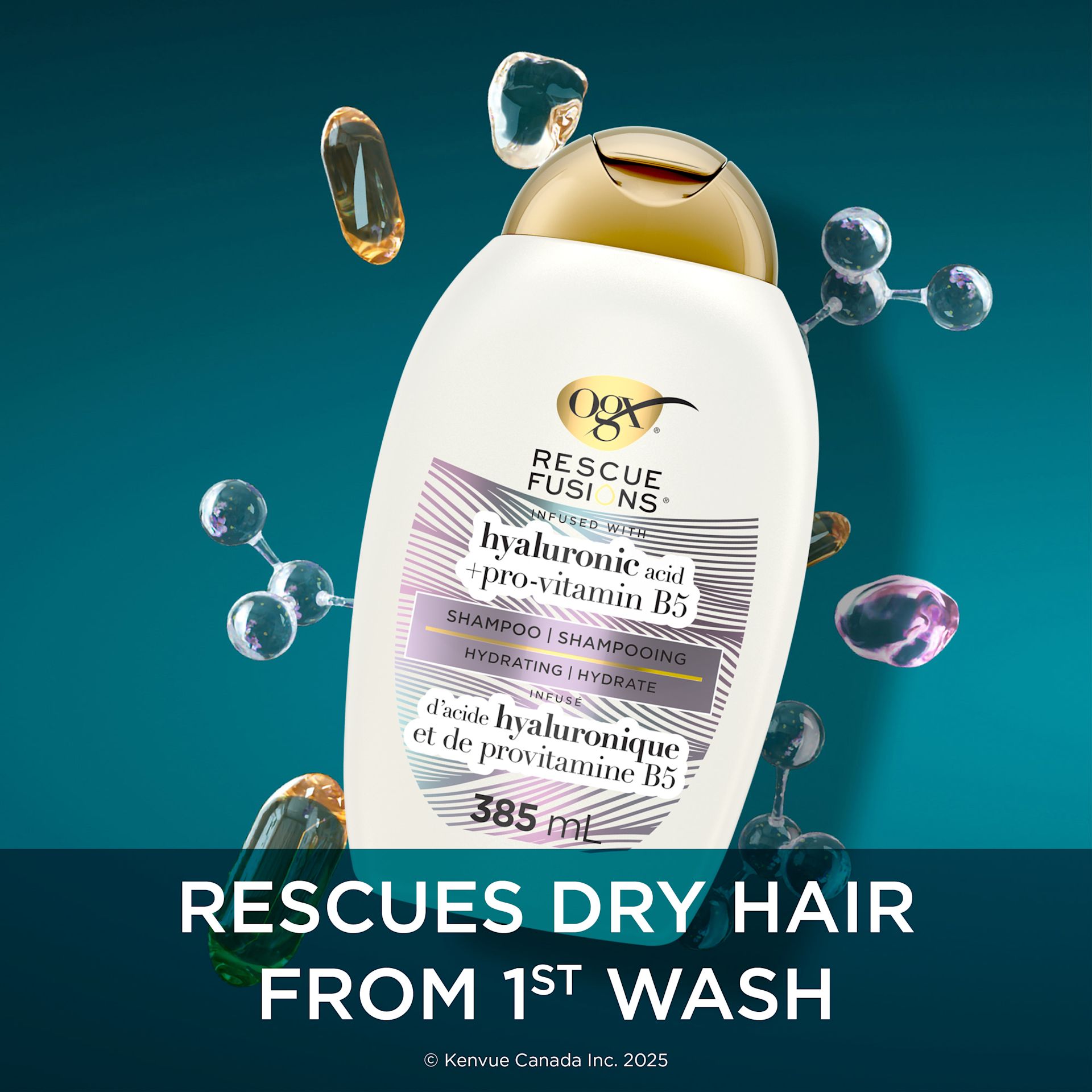 Enhanced digital image of Front shot of OGX® Rescue Fusions® Hyaluronic Acid + Pro-Vitamin B5 Shampoo 385mL bottle