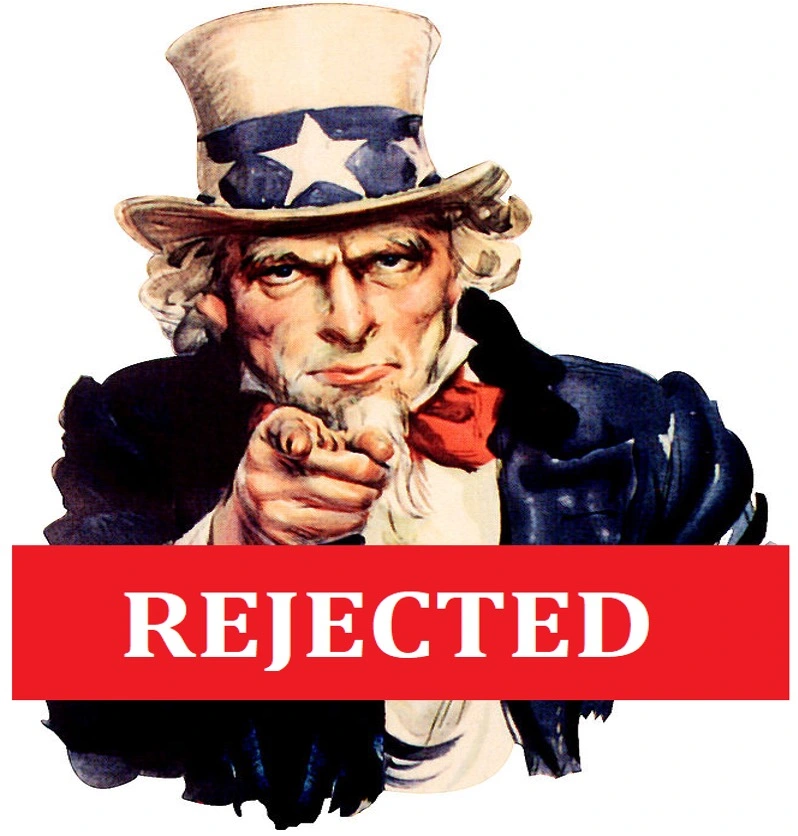 Illustration of "Uncle Sam" with a rejected banner indicating draftees being rejected for poor oral health.
