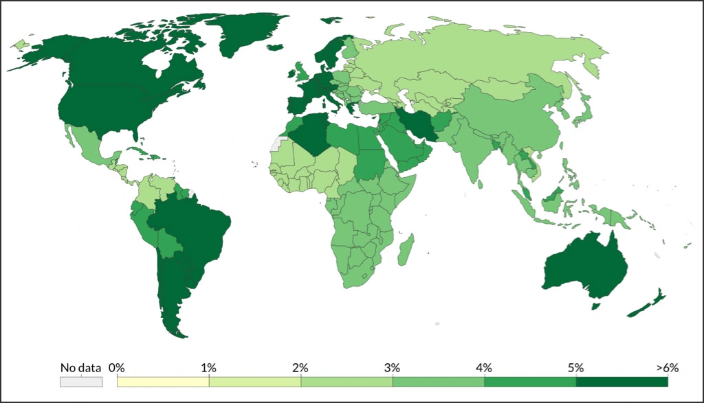 Map showing global prevalence of anxiety disorder