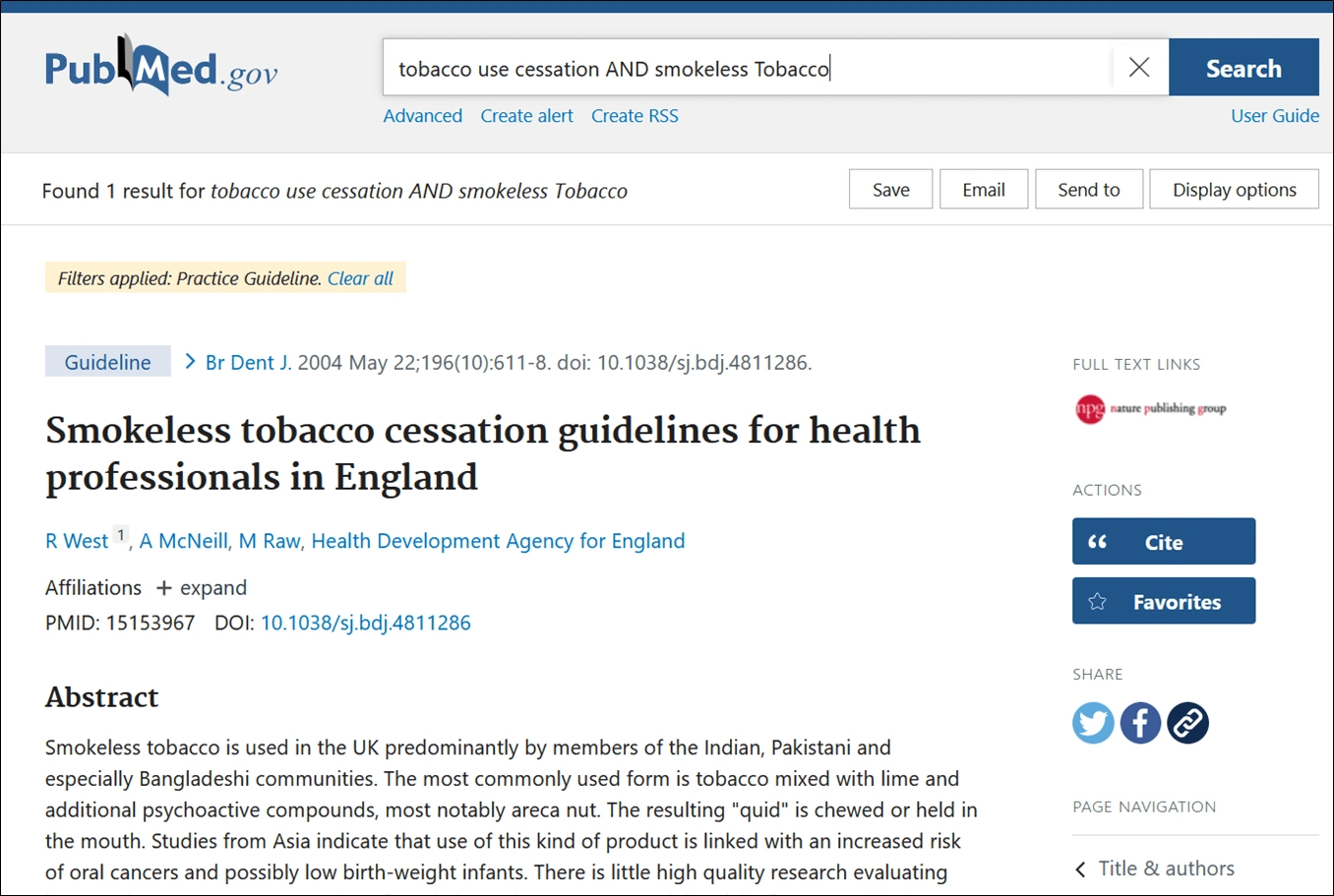 Image of Results of Limiting the 1,044 Citations for Tobacco Use Cessation AND Smokeless Tobacco to 1 Practice Guideline