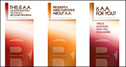 Image of examples of informative brochures available from Alcoholics Anonymous.