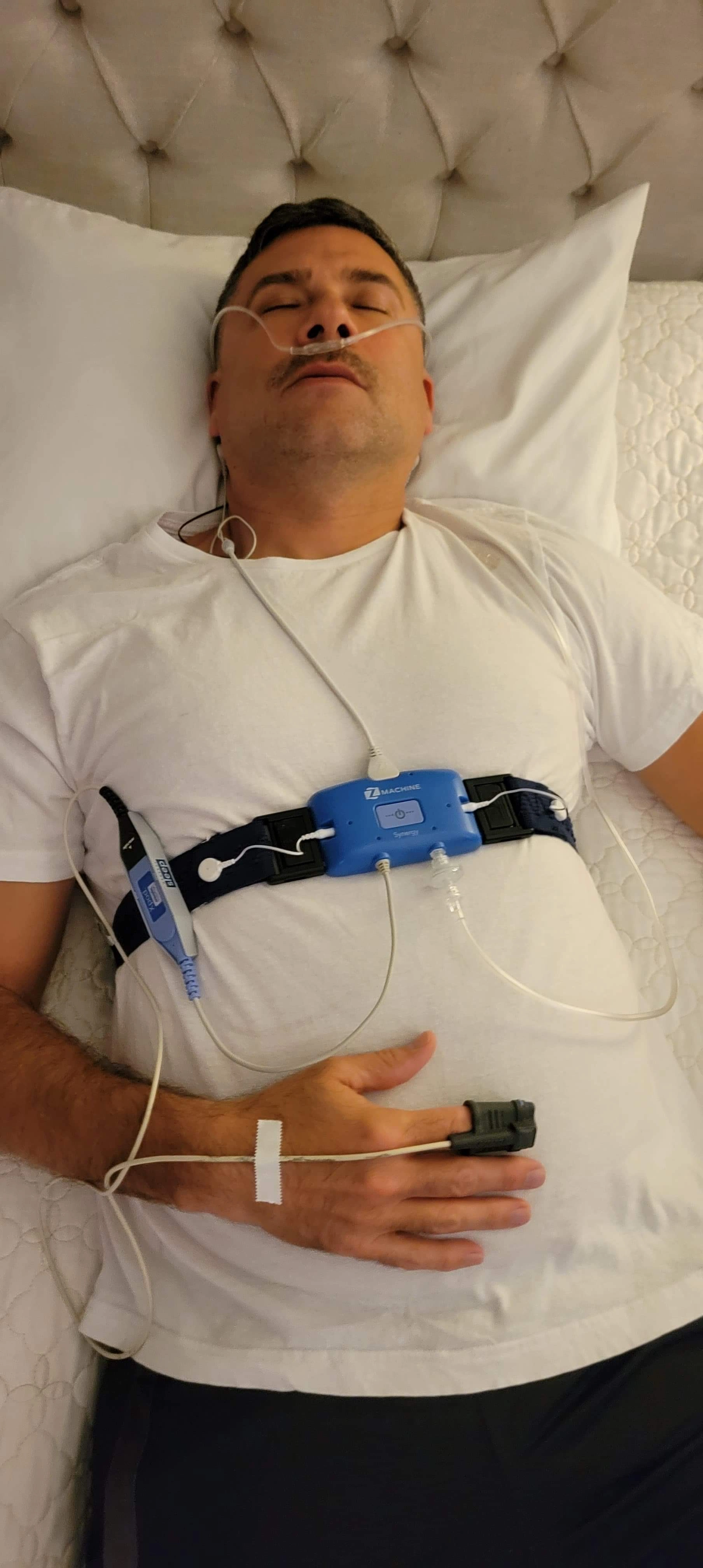 Figure 4. A patient undergoing home sleep apnea testing (HSAT). 