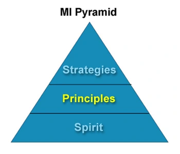 Image: MI Pyramid showing spirit at the base, principles highlighted in yellow in the middle and strategies at the top.