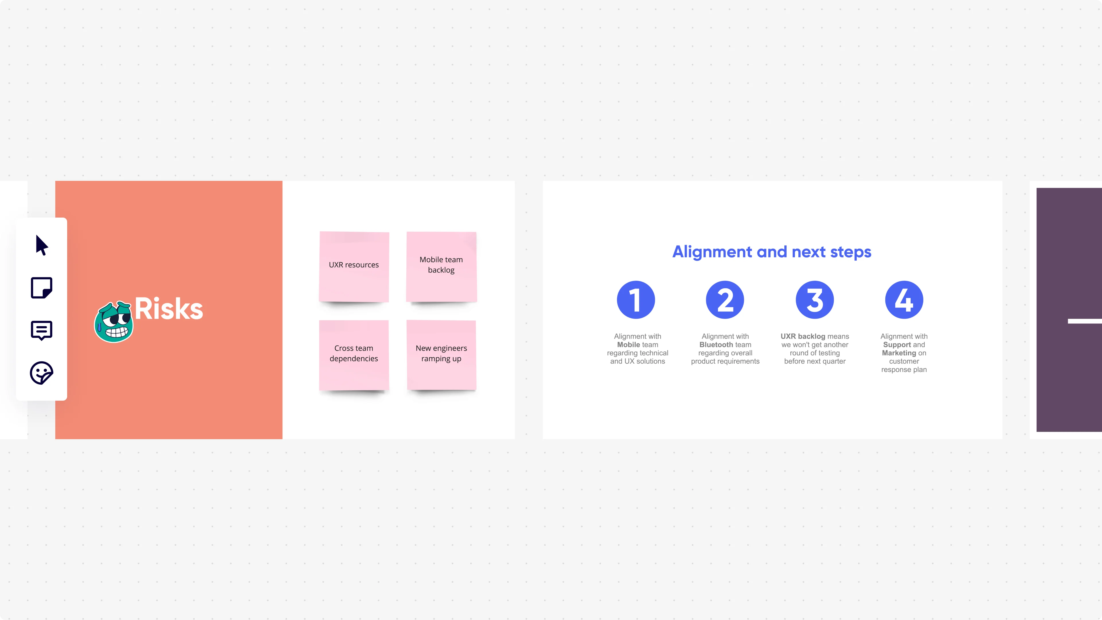 Miro presentation mode displaying two slides side by side: a 'Risks' slide with an orange background showing four pink sticky notes (UXR resources, Mobile team backlog, Cross team dependencies, New engineers ramping up), and an 'Alignment and next steps' slide with four numbered blue circle icons listing team alignment actions with Mobile, Bluetooth, UXR backlog, and Support/Marketing teams.