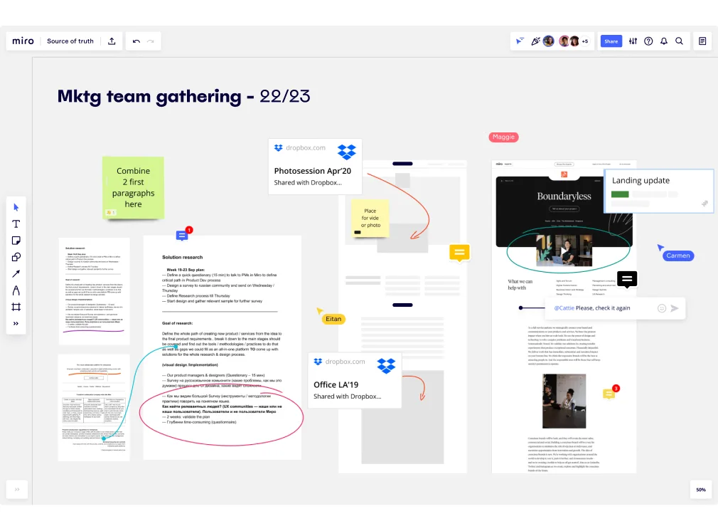 Miro Marketing team gathering board showing collected research documents, Dropbox file embeds, landing page screenshots, and collaborative annotations