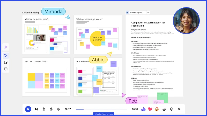 Miro TalkTrack feature showing a collaborative kick-off meeting board with multiple sticky note clusters answering questions like 'What do we already know?' and 'What problem are we solving?', alongside an open Competitor Research Report document panel, with multiple named presenters (Miranda, Abbie, Pete) indicated by cursor labels and a video playback toolbar at the bottom.