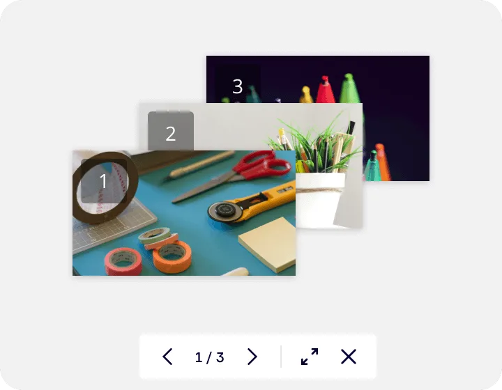 Miro's image gallery or media viewer feature showing a lightbox-style presentation with three numbered slides containing craft supplies photos, displayed with navigation controls (1/3) and expand/close buttons at the bottom.