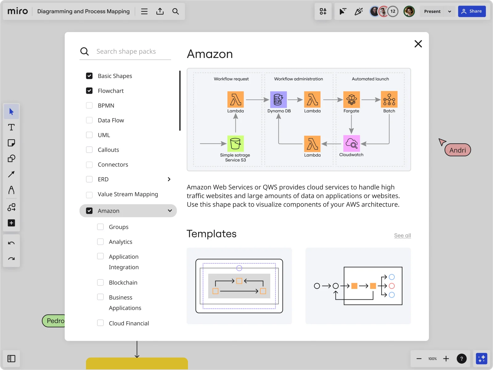 Miro's diagram maker with available shape packs to select