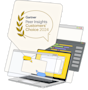 Image showing the Gartner Peer Insights Customer's Choice 2024 Badge along with other imagery featuring laptops, charts etc.