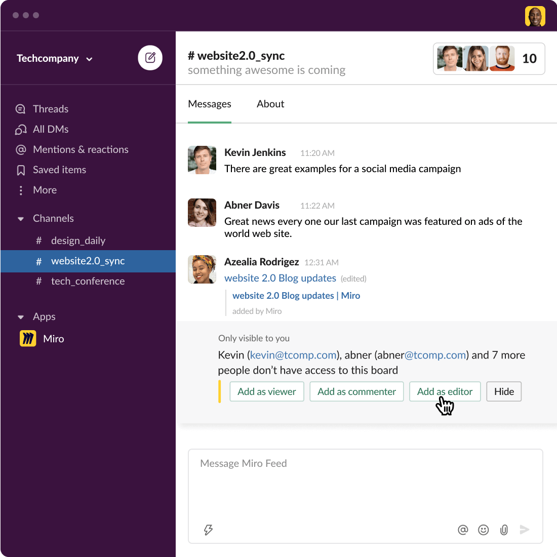 Accord d’accès à un tableau Miro depuis un canal Slack