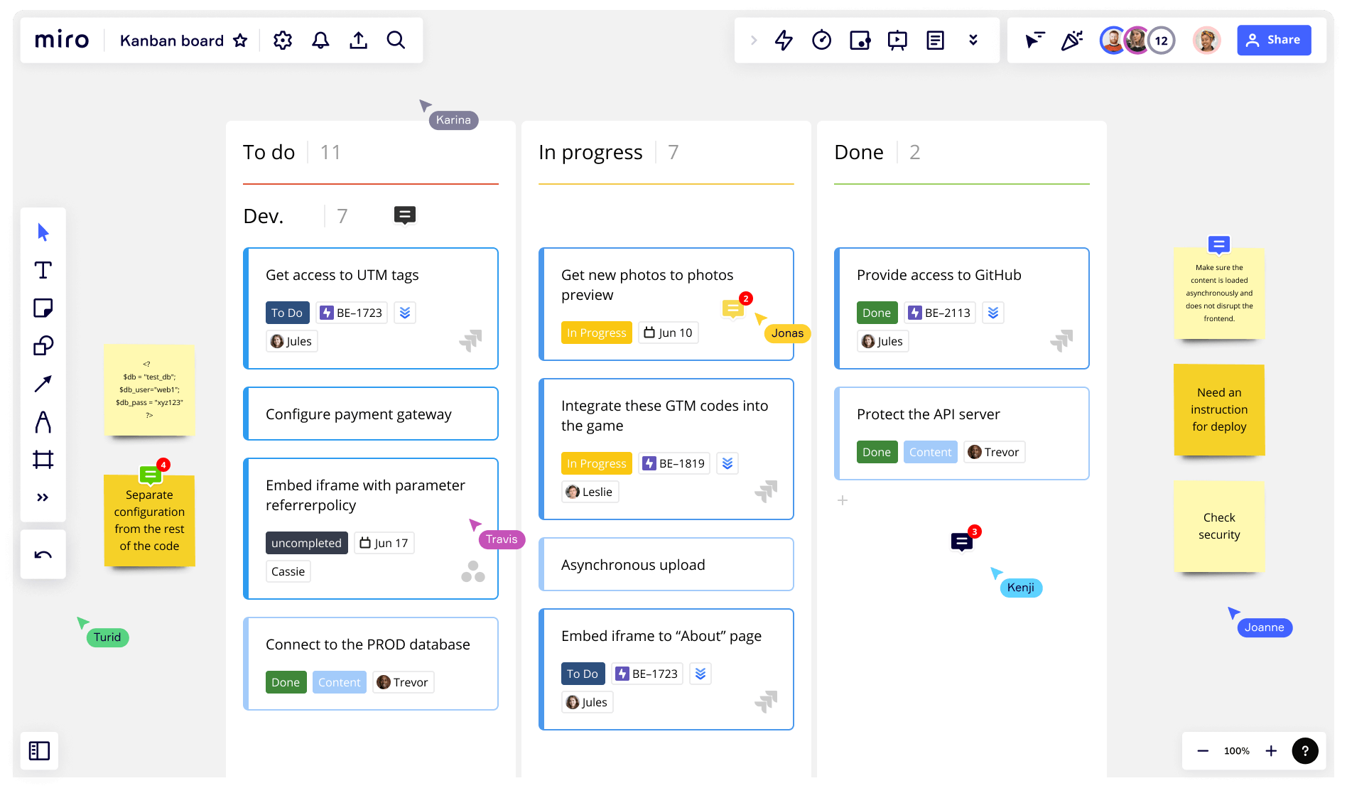 Example of a Kanban board on Miro