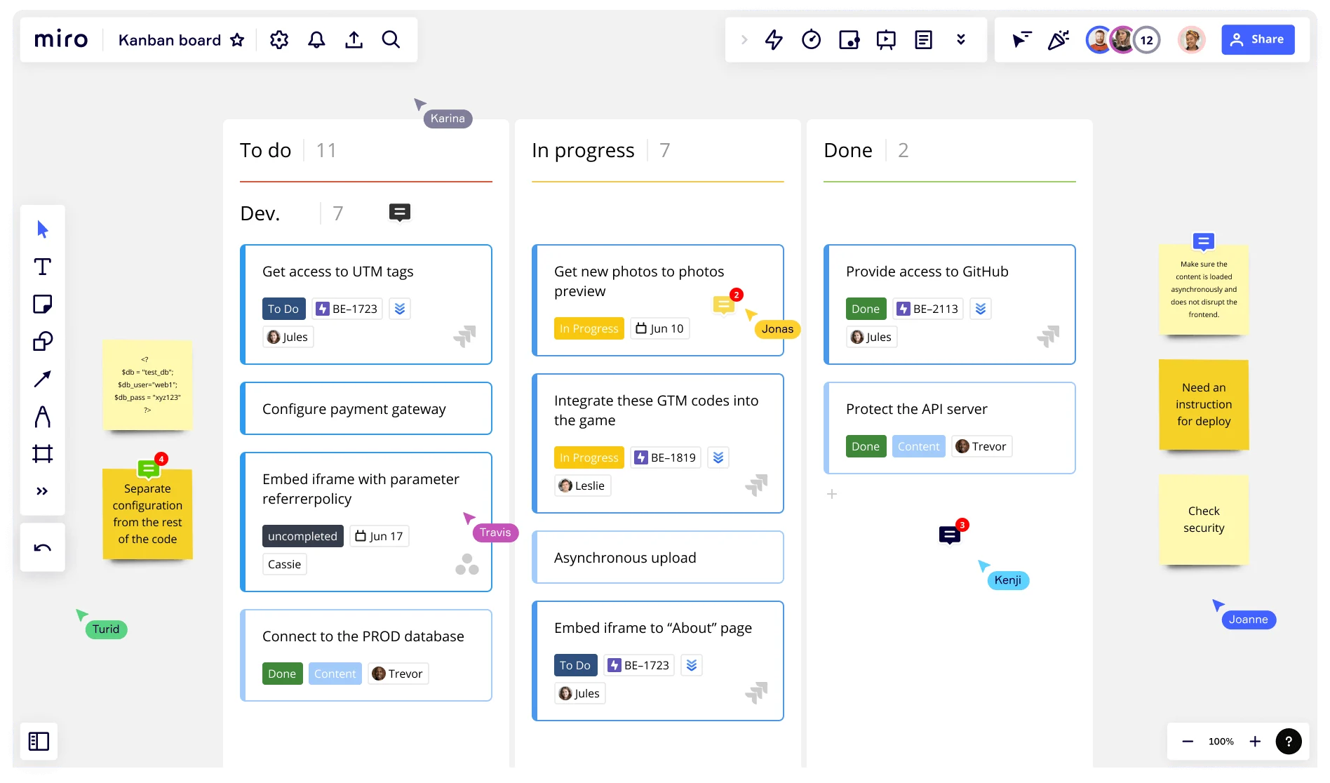 Example of a Kanban board on Miro