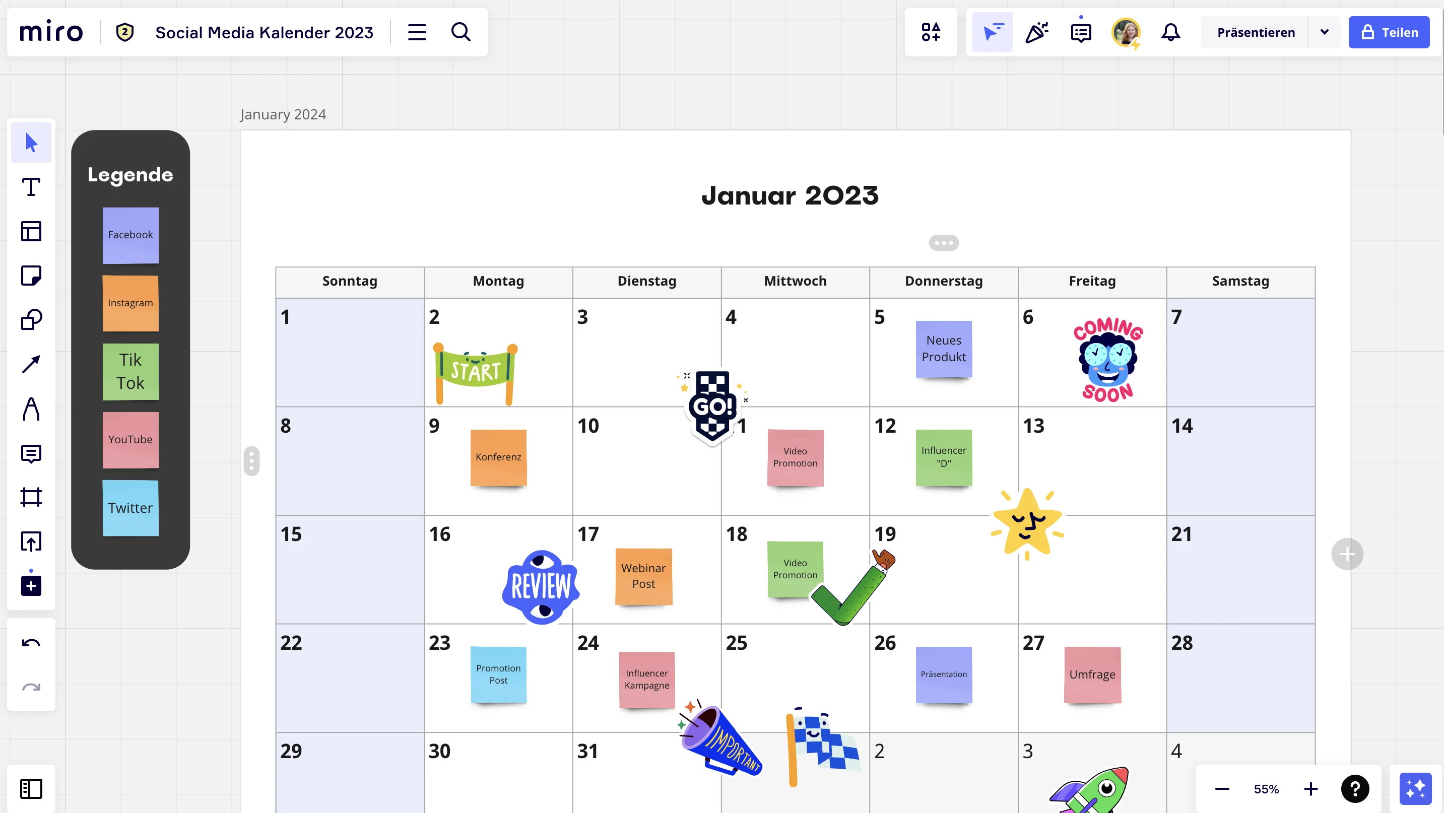 Social Media Kalender 2023 in Miro