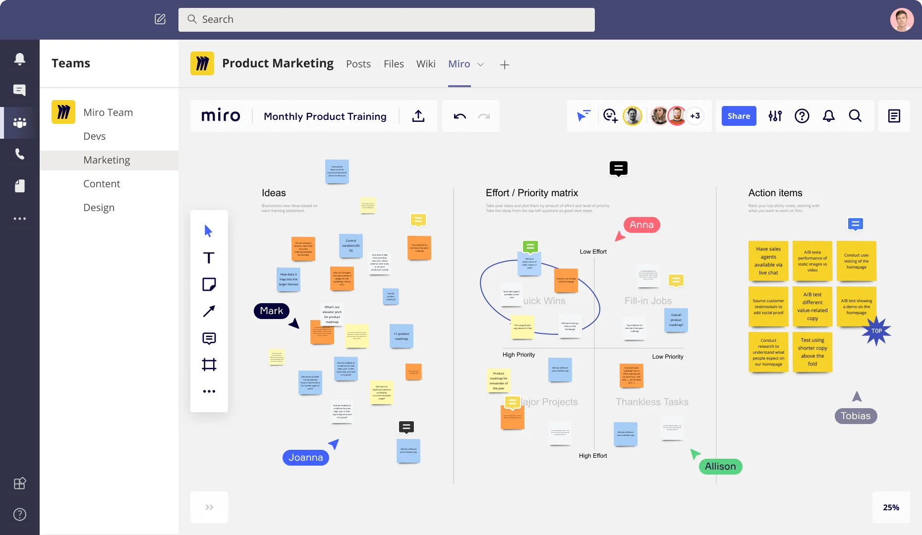 Miro board embedded in Microsoft Teams showing a Product Marketing workspace with three frames: an Ideas section with colorful sticky notes, an Effort/Priority matrix with quadrants (Quick Wins, Fill-in Jobs, Major Projects, Thankless Tasks), and an Action Items frame listing prioritized tasks like A/B testing and user testing, with multiple collaborators (Anna, Mark, Joanna, Allison, Tobias) visible as cursors.