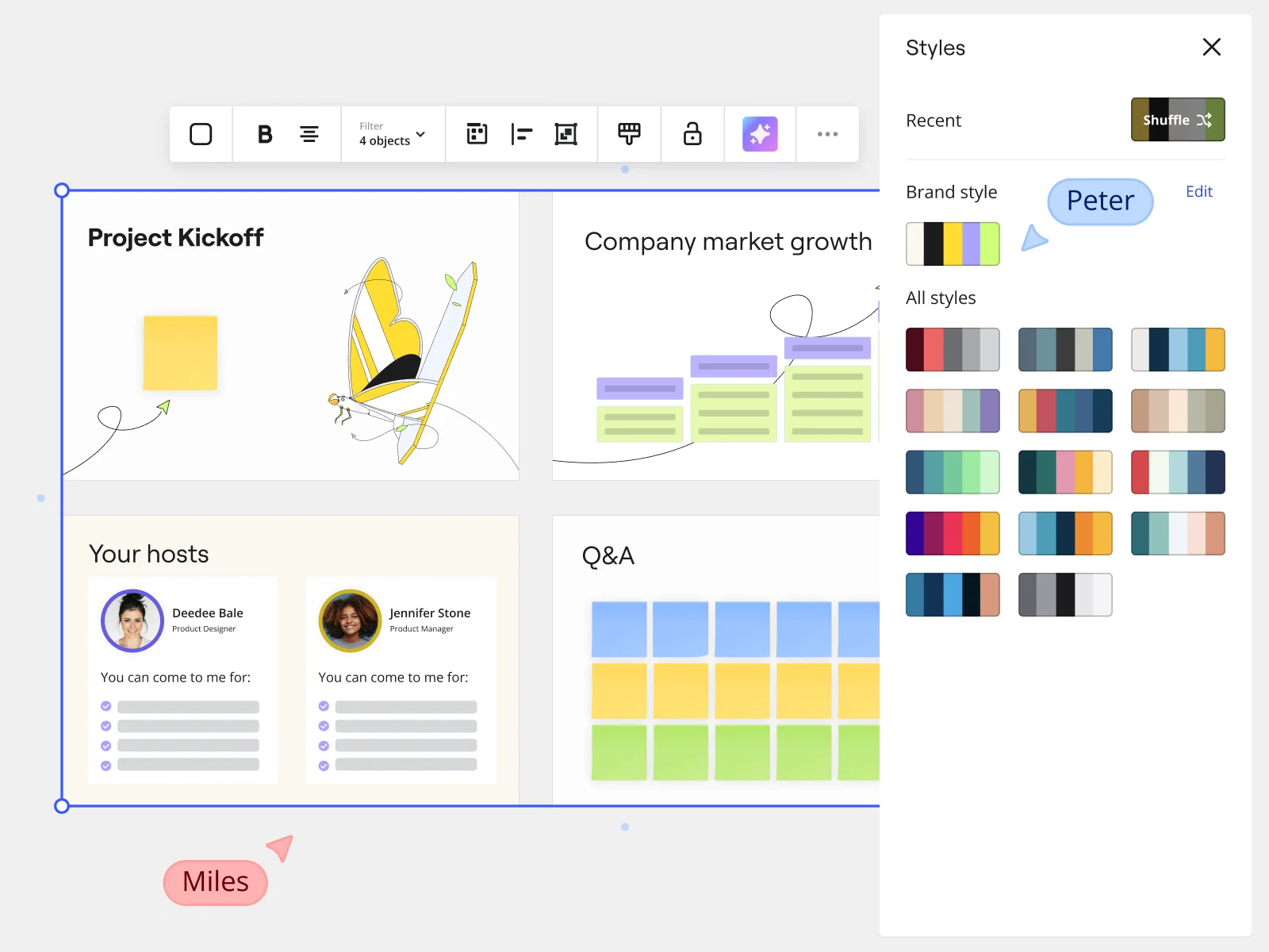 Miro presentation mode showing Project Kickoff slides with Styles panel and brand style options for marketing teams