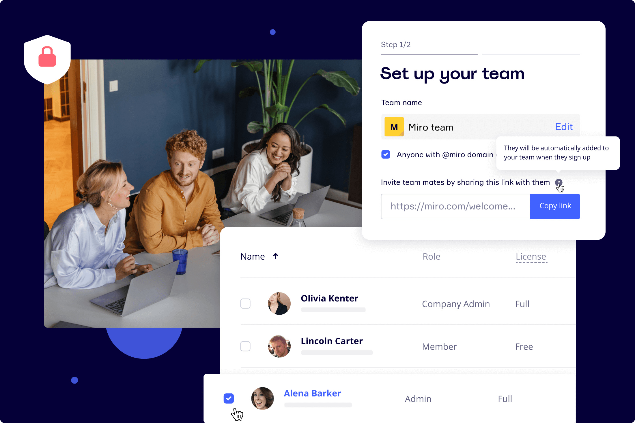 3 personnes en réunion dans un bureau et écran de configuration d’une équipe Miro