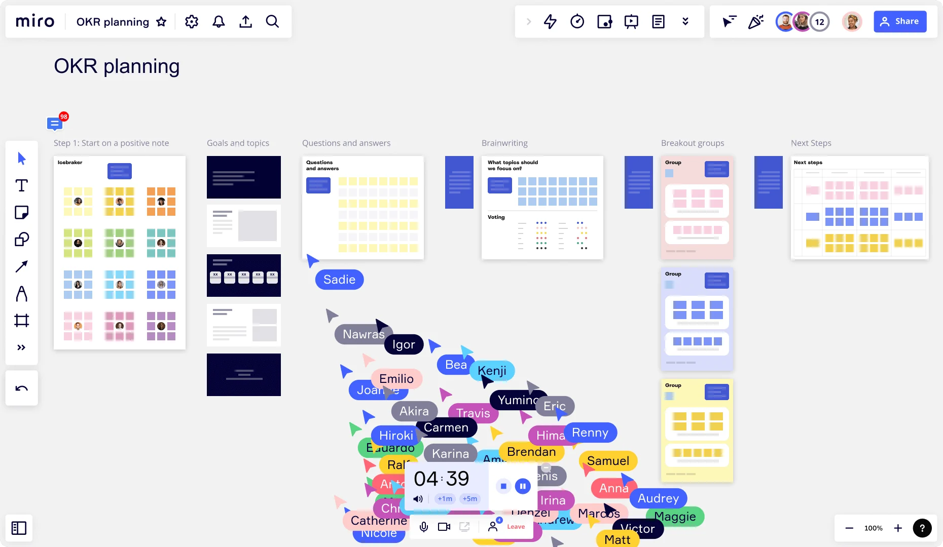 Miro OKR planning board with columns for Start on a positive note Goals and topics Questions and answers Brainstorming Breakout groups and Next steps with many collaborator cursors