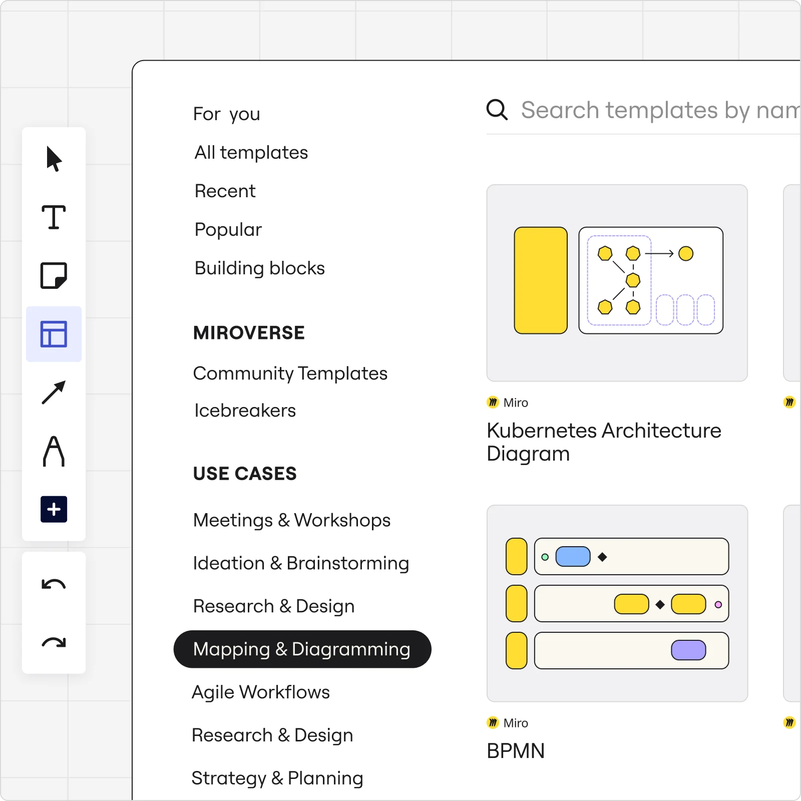 Sélection d’un modèle de diagramme dans Miro 