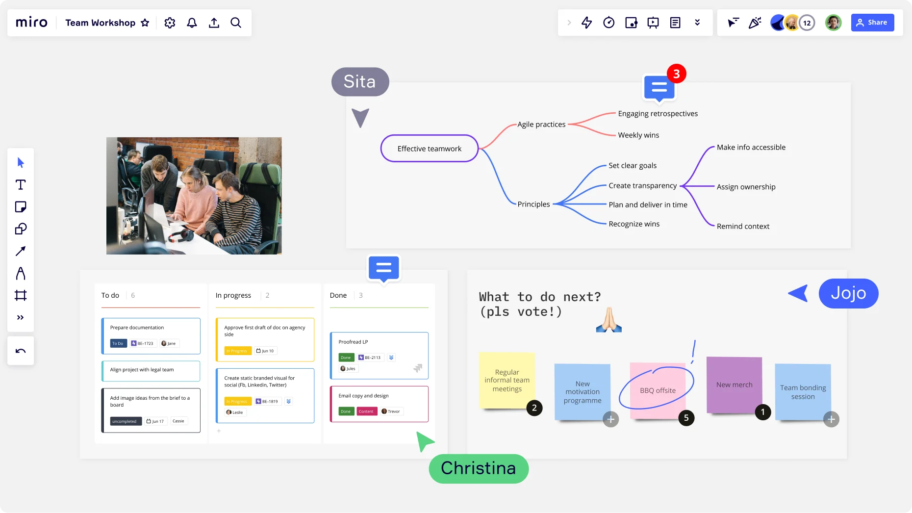 A team workshop in action on a Miro board