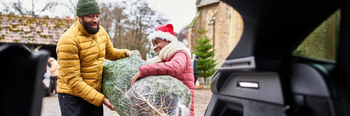 two people carrying a netted Christmas tree to their car