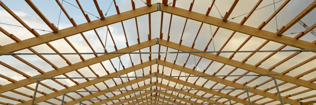 A set of roof trusses as seen from below.