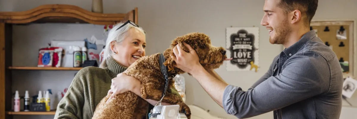 A dog owner handing over small brown dog to professional groomer.