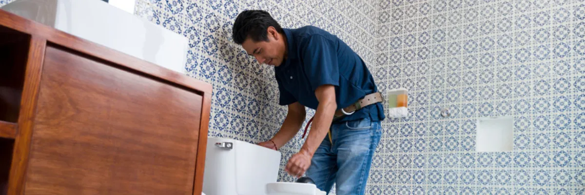 A plumber working on a toilet.