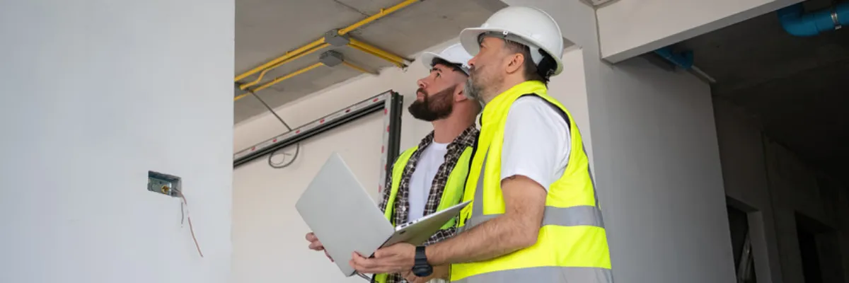Two builders inspecting a property midway through renovation.