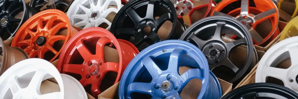 A selection of colourful alloy wheels.