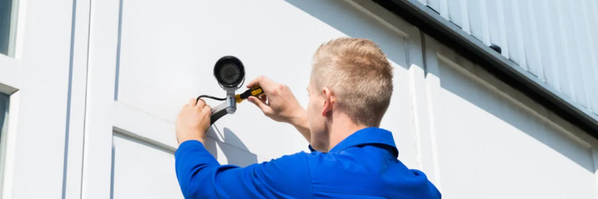A man installing a wireless CCTV camera.