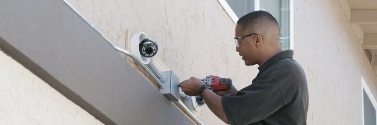 A professional installing a CCTV camera on an exterior wall.