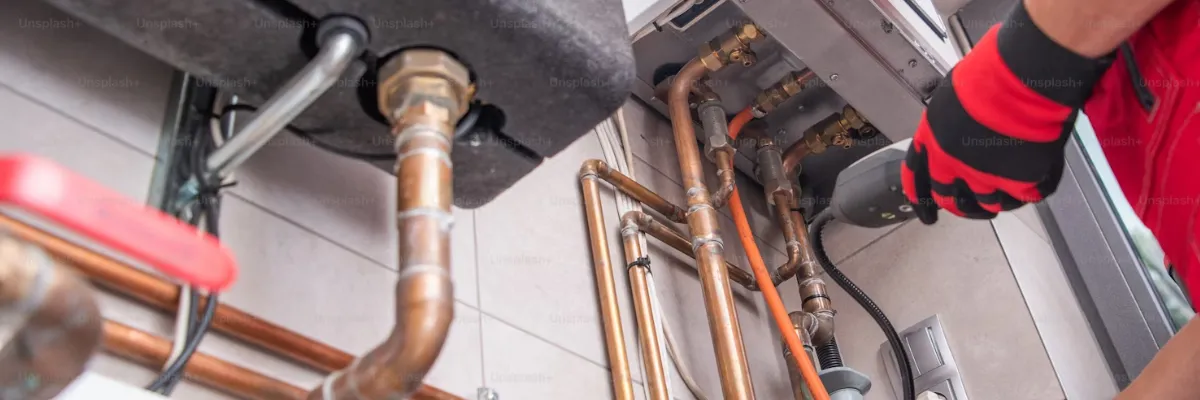 A heating engineer installing a boiler, as seen from below.
