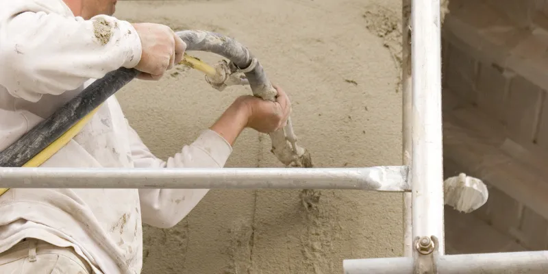 How to Render a Wall: A Beginner’s Guide Article Image 2 A professional spray rendering an exterior wall.