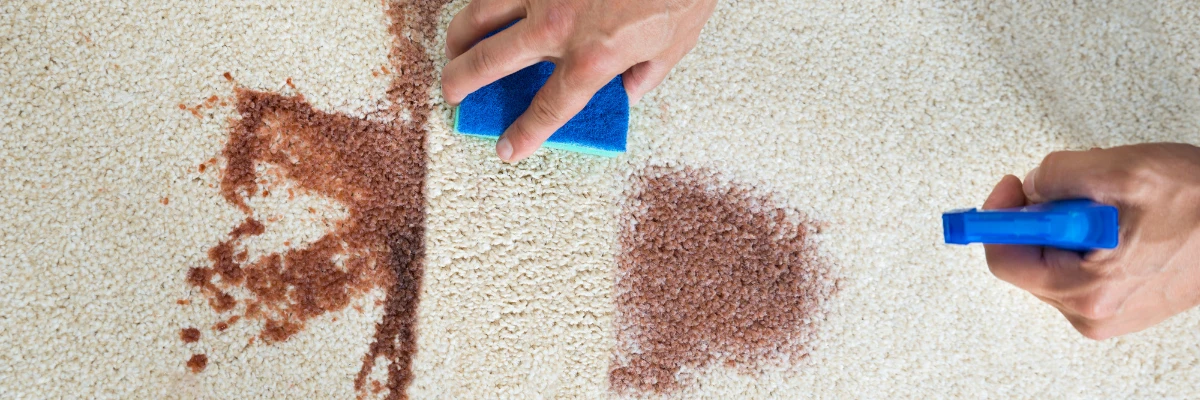 A cleaner removing a brown stain from a carpet using cleaning solution and a sponge.