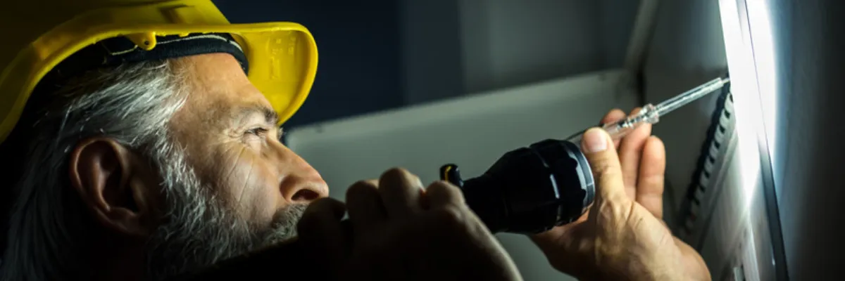 An electrician working in the dark, holding a torch.