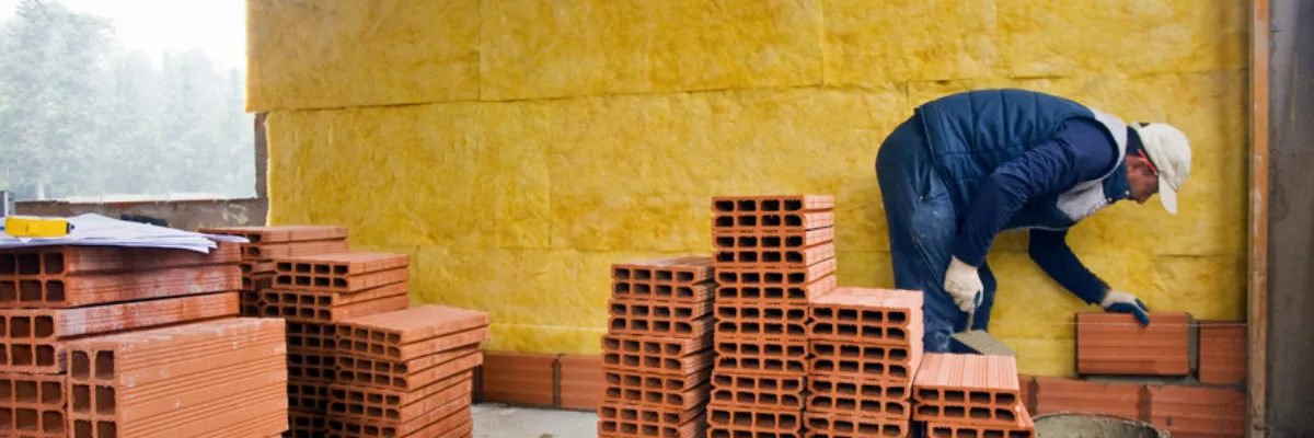 A builder constructing a cavity wall with insulation pre-installed.